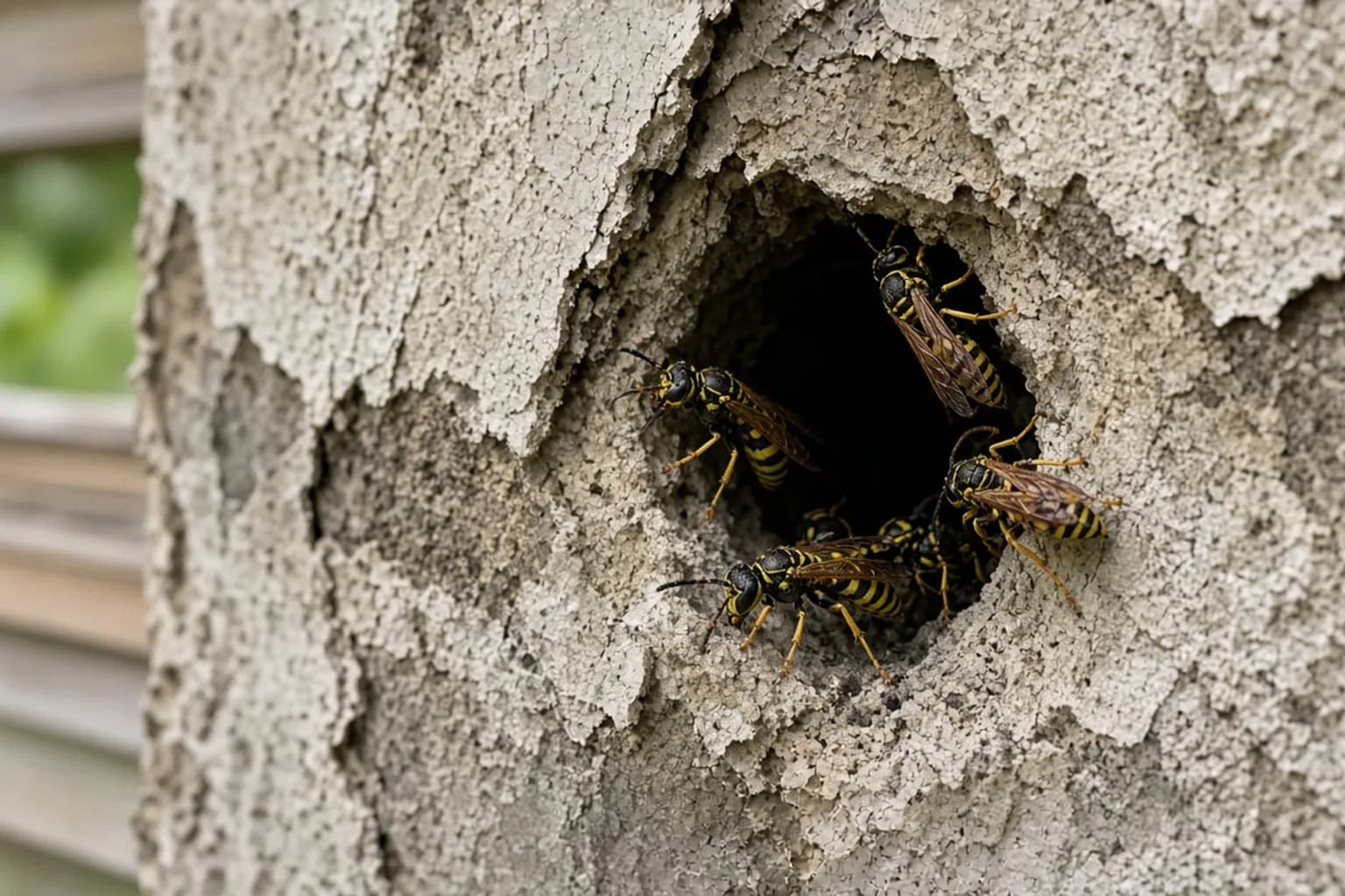 Wasps at a nest entrance in a wall void