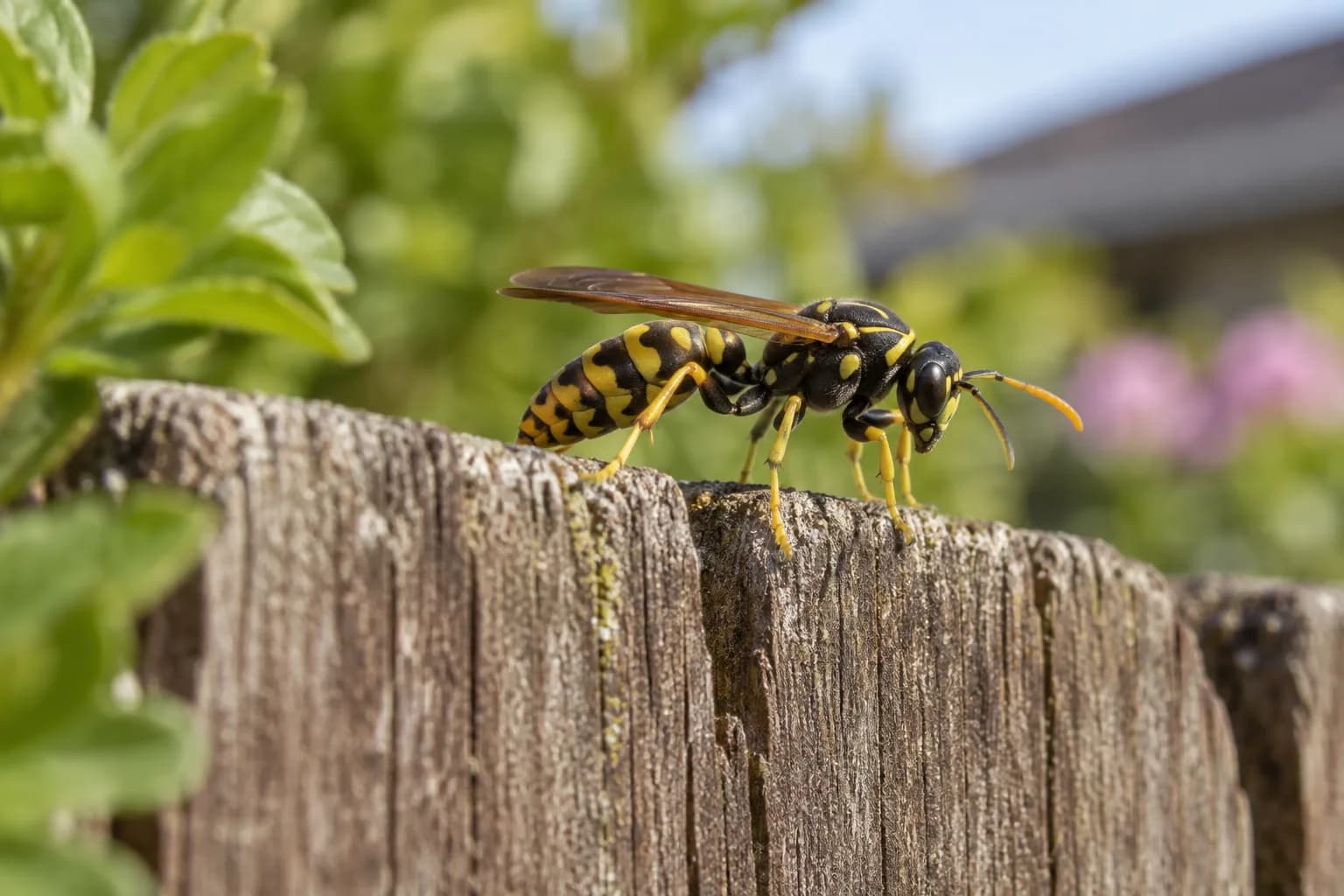 Wasp resting on a wooden fence